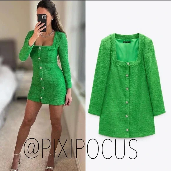 ZARA TWEED JEWEL BUTTON DRESS | APPLE GREEN ZARA TWEED JEWEL BUTTON DRESS | APPLE GREEN